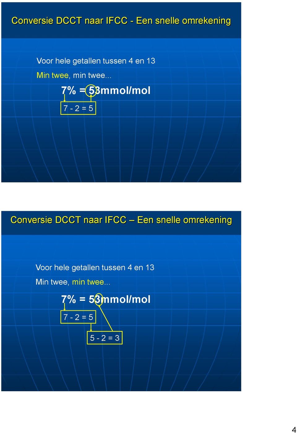 .. 7% = 53mmol/mol 7-2 = 5 Conversie DCCT naar IFCC Een snelle