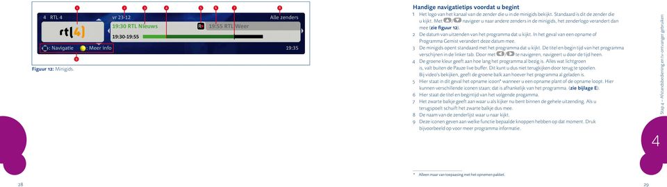 Met / navigeer u naar andere zenders in de minigids, het zenderlogo verandert dan mee (zie figuur 12). 2 De datum van uitzenden van het programma dat u kijkt.