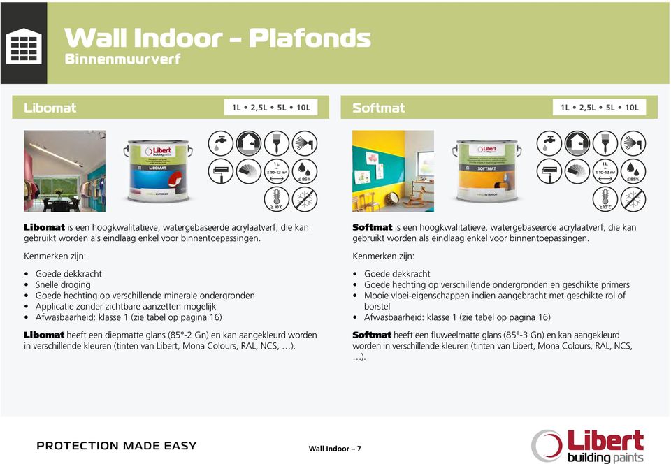 Goede dekkracht Snelle droging Goede hechting op verschillende minerale ondergronden Applicatie zonder zichtbare aanzetten mogelijk Afwasbaarheid: klasse 1 (zie tabel op pagina 16) Libomat heeft een