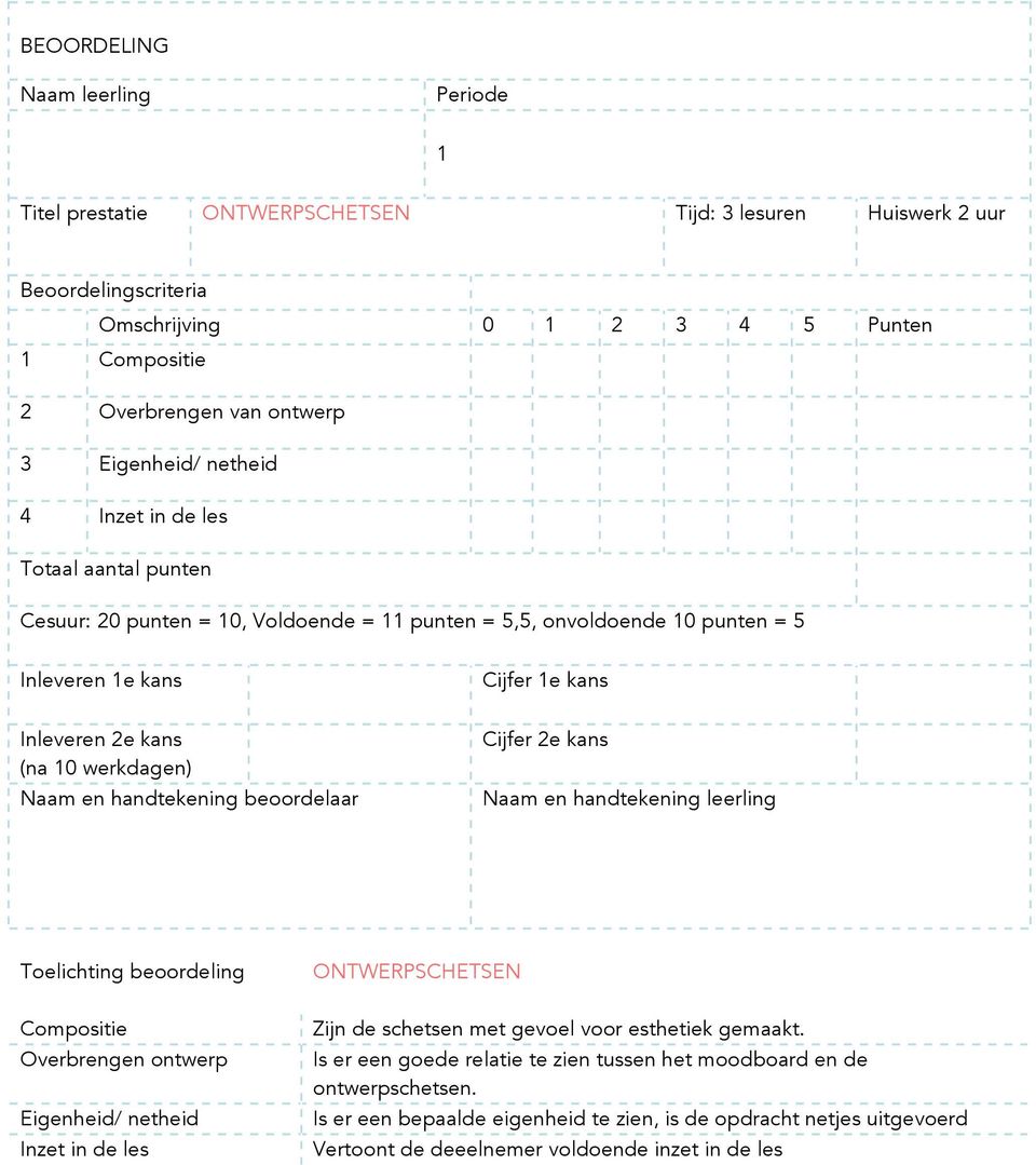 werkdagen) Naam en handtekening beoordelaar Cijfer 2e kans Naam en handtekening leerling Toelichting beoordeling ONTWERPSCHETSEN Compositie Overbrengen ontwerp Eigenheid/ netheid Inzet in de les Zijn