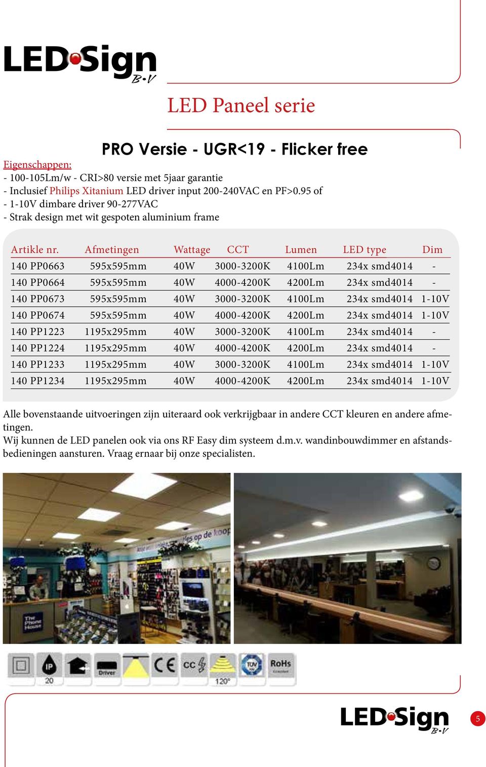 Afmetingen Wattage CCT Lumen LED type Dim 140 PP0663 595x595mm 40W 3000-3200K 4100Lm 234x smd4014-140 PP0664 595x595mm 40W 4000-4200K 4200Lm 234x smd4014-140 PP0673 595x595mm 40W 3000-3200K 4100Lm