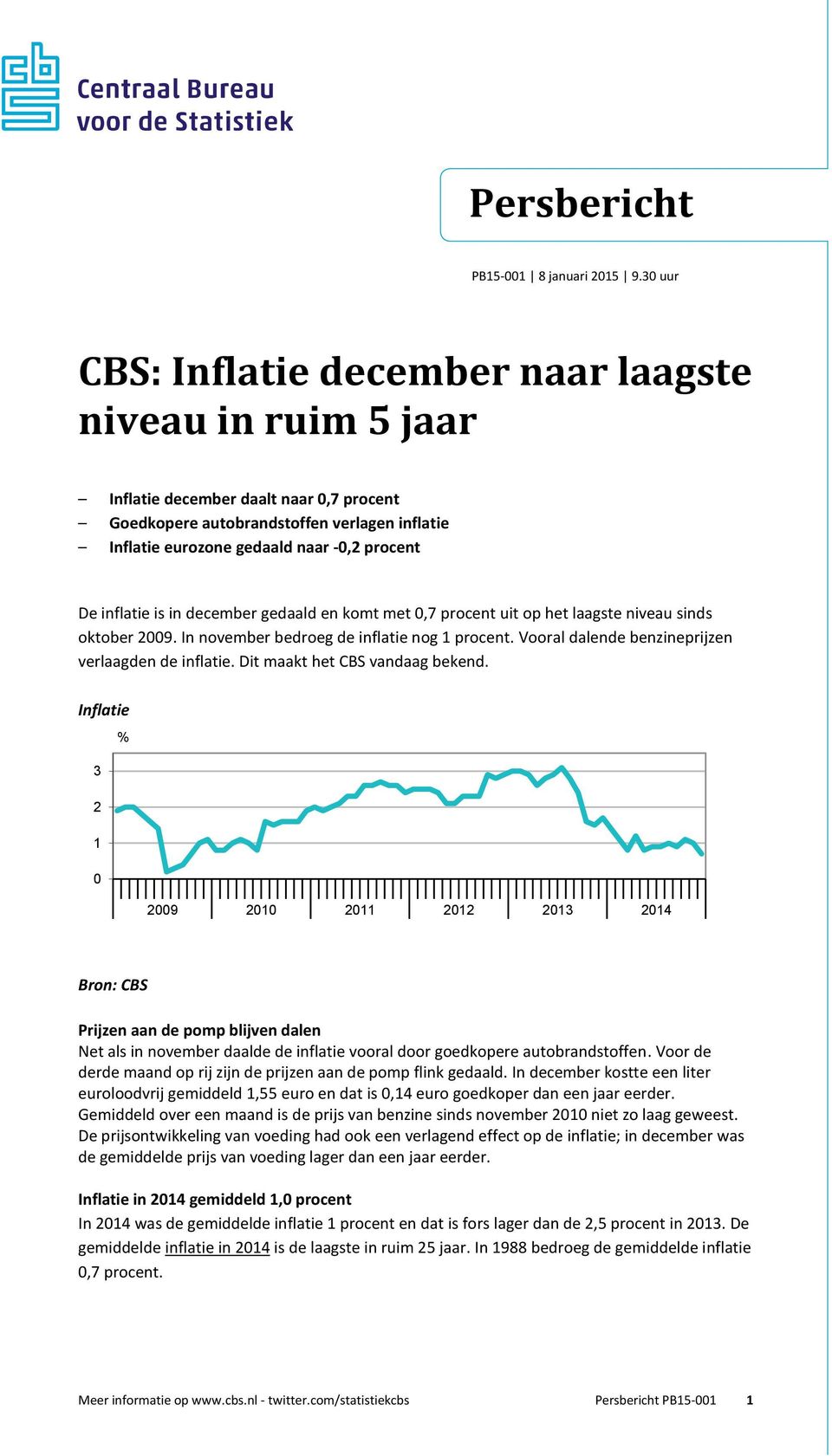 inflatie is in december gedaald en komt met 0,7 procent uit op het laagste niveau sinds oktober 2009. In november bedroeg de inflatie nog 1 procent.