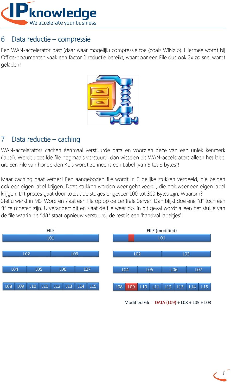 7 Data reductie caching WAN-accelerators cachen éénmaal verstuurde data en voorzien deze van een uniek kenmerk (label).