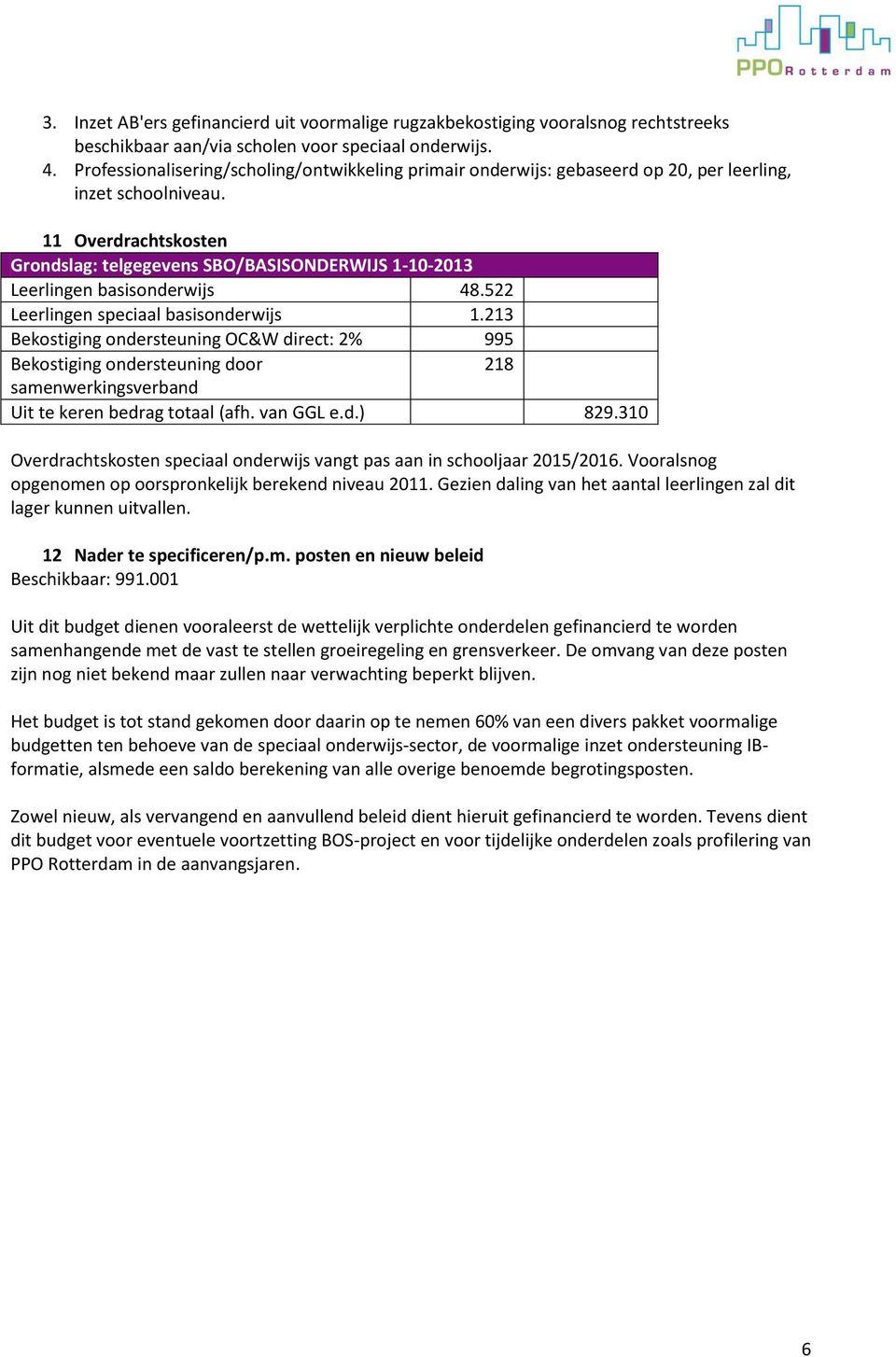 11 Overdrachtskosten Grondslag: telgegevens SBO/BASISONDERWIJS 1-10-2013 Leerlingen basisonderwijs 48.522 Leerlingen speciaal basisonderwijs 1.