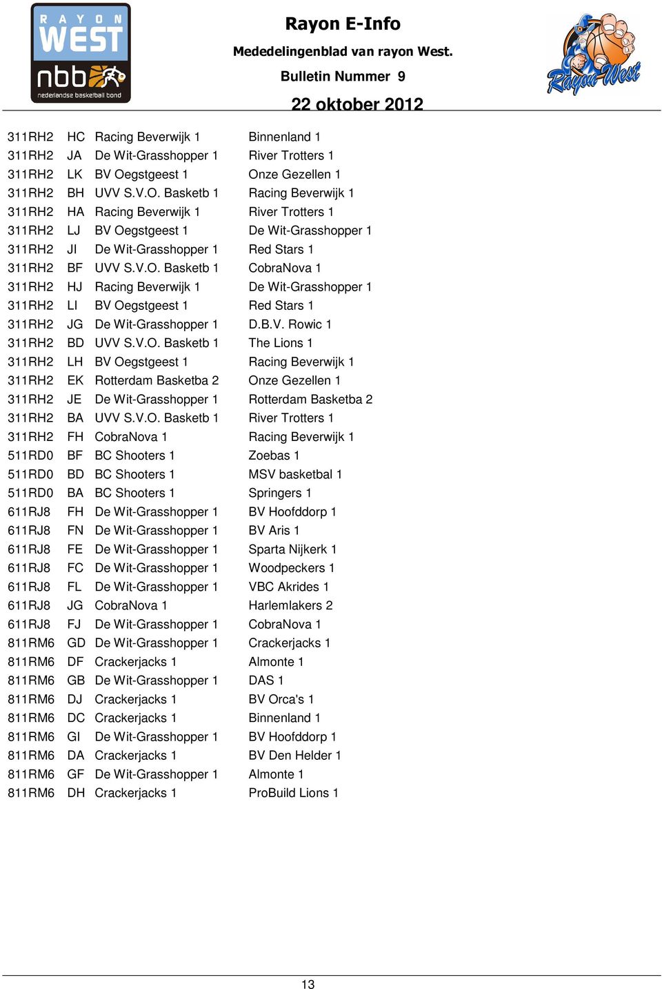 V.O. Basketb 1 CobraNova 1 311RH2 HJ Racing Beverwijk 1 De Wit-Grasshopper 1 311RH2 LI BV Oegstgeest 1 Red Stars 1 311RH2 JG De Wit-Grasshopper 1 D.B.V. Rowic 1 311RH2 BD UVV S.V.O. Basketb 1 The Lions 1 311RH2 LH BV Oegstgeest 1 Racing Beverwijk 1 311RH2 EK Rotterdam Basketba 2 Onze Gezellen 1 311RH2 JE De Wit-Grasshopper 1 Rotterdam Basketba 2 311RH2 BA UVV S.