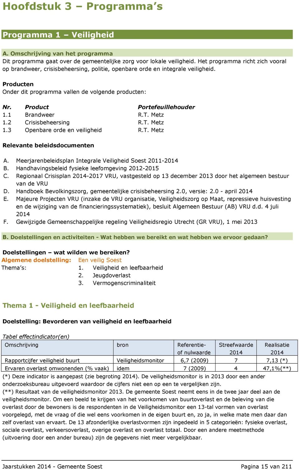 Product Portefeuillehouder 1.1 Brandweer R.T. Metz 1.2 Crisisbeheersing R.T. Metz 1.3 Openbare orde en veiligheid R.T. Metz Relevante beleidsdocumenten A.