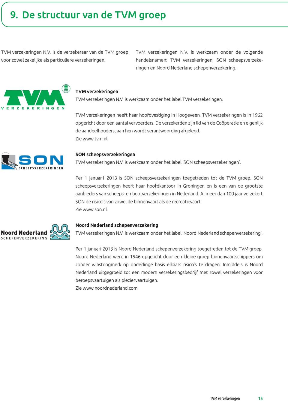 TVM verzekeringen is in 1962 opgericht door een aantal vervoerders. De verzekerden zijn lid van de Coöperatie en eigenlijk de aandeelhouders, aan hen wordt verantwoording afgelegd. Zie www.tvm.nl. SON scheepsverzekeringen TVM verzekeringen N.