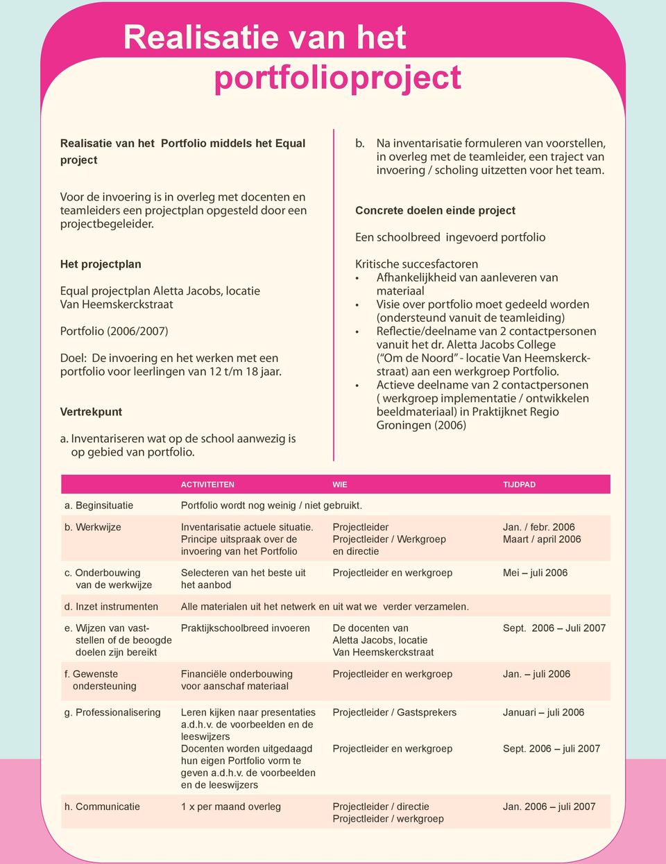 Het projectplan Equal projectplan Aletta Jacobs, locatie Van Heemskerckstraat Portfolio (2006/2007) Doel: De invoering en het werken met een portfolio voor leerlingen van 12 t/m 18 jaar.