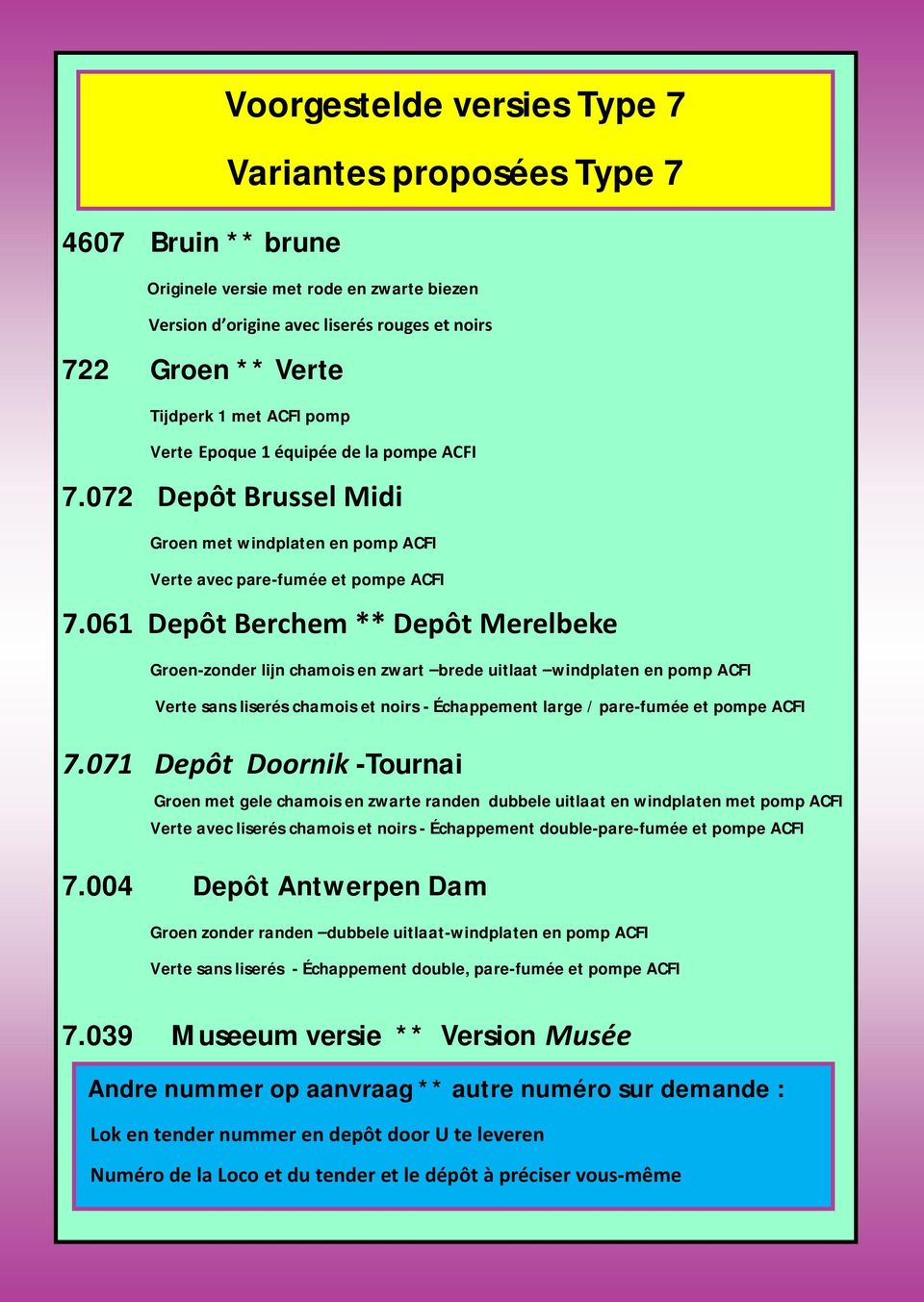 061 Depôt Berchem ** Depôt Merelbeke Groen-zonder lijn chamois en zwart brede uitlaat windplaten en pomp ACFI Verte sans liserés chamois et noirs - Échappement large / pare-fumée et pompe ACFI 7.