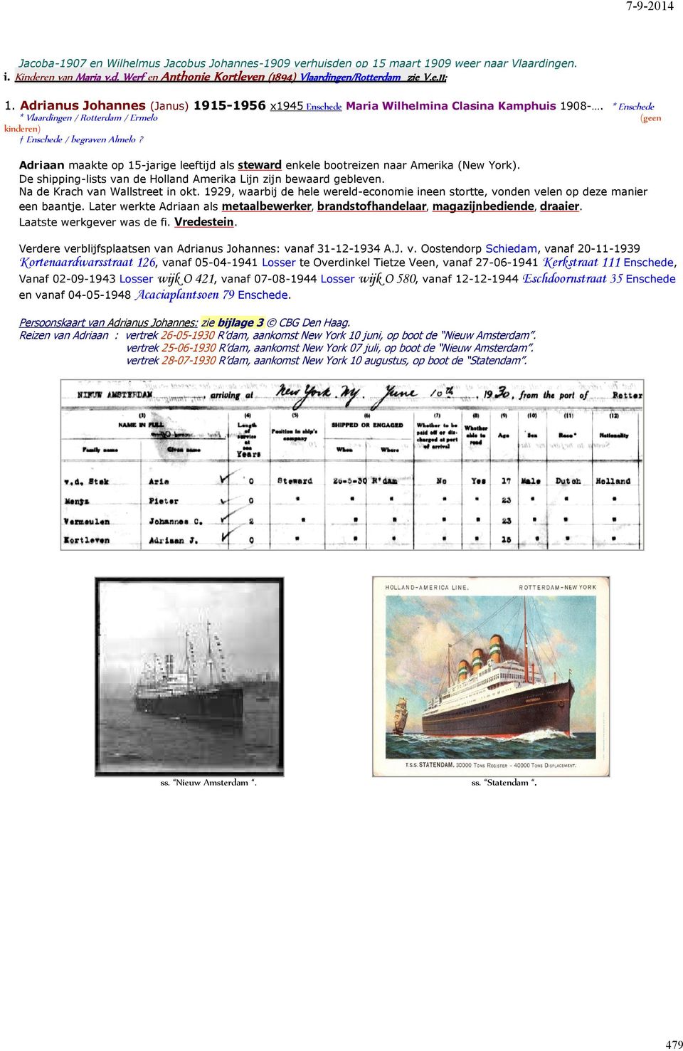 Adriaan maakte op 15-jarige leeftijd als steward enkele bootreizen naar Amerika (New York). De shipping-lists van de Holland Amerika Lijn zijn bewaard gebleven. Na de Krach van Wallstreet in okt.