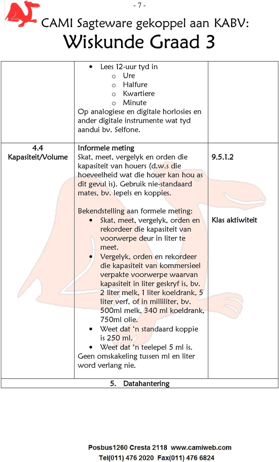 lepels en koppies. Bekendstelling aan formele meting: Skat, meet, vergelyk, orden en rekordeer die kapasiteit van voorwerpe deur in liter te meet.