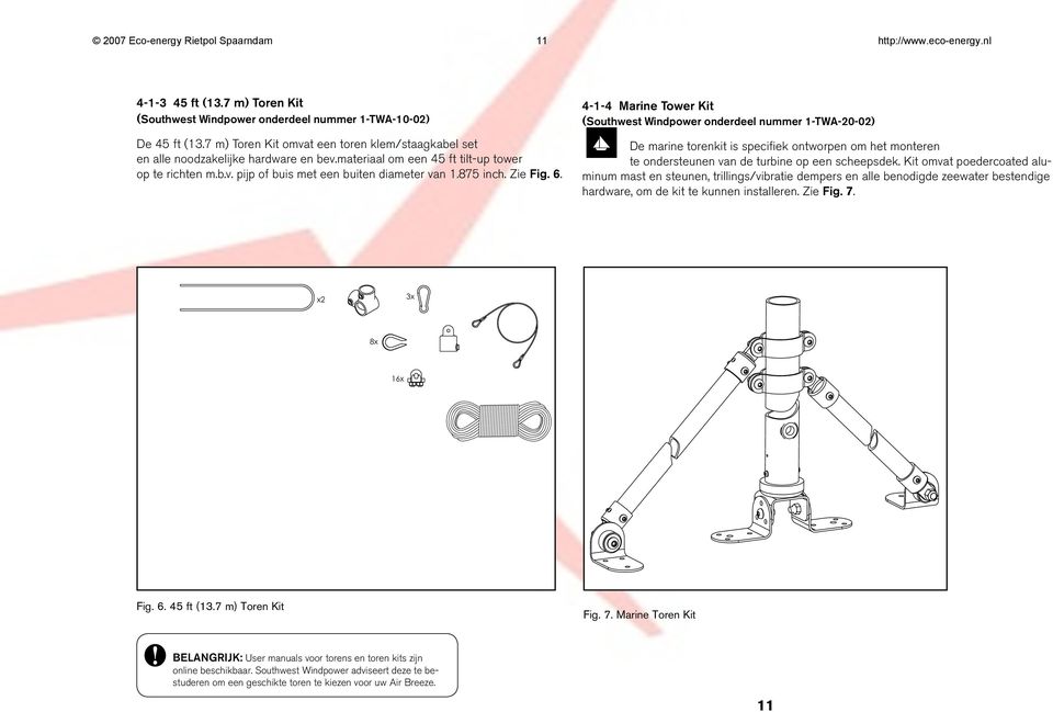 Zie Fig. 6. 4-1-4 Marine Tower Kit (Southwest Windpower onderdeel nummer 1-TWA-20-02) De marine torenkit is specifiek ontworpen om het monteren te ondersteunen van de turbine op een scheepsdek.