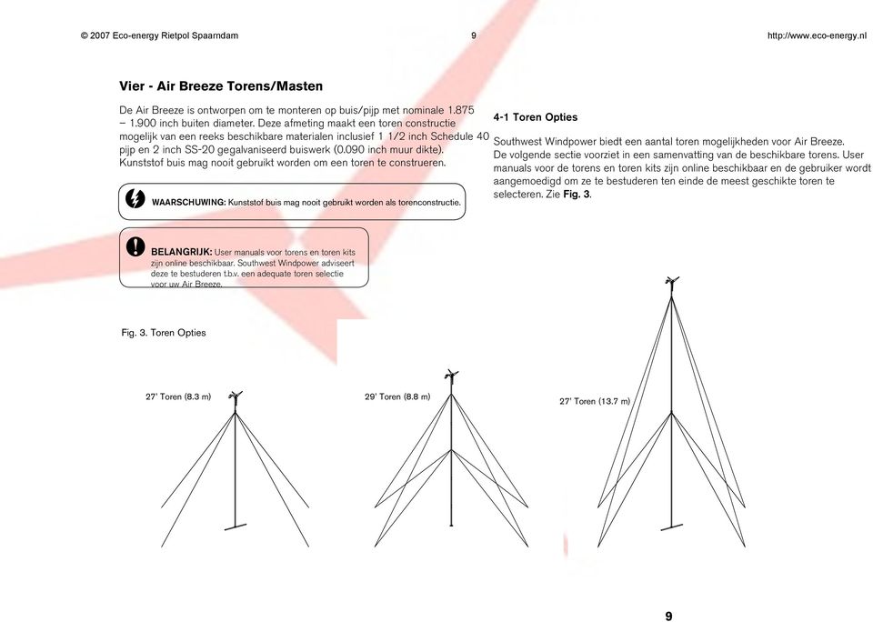 Deze afmeting maakt een toren constructie mogelijk van een reeks beschikbare materialen inclusief 1 1/2 inch Schedule 40 Southwest Windpower biedt een aantal toren mogelijkheden voor Air Breeze.