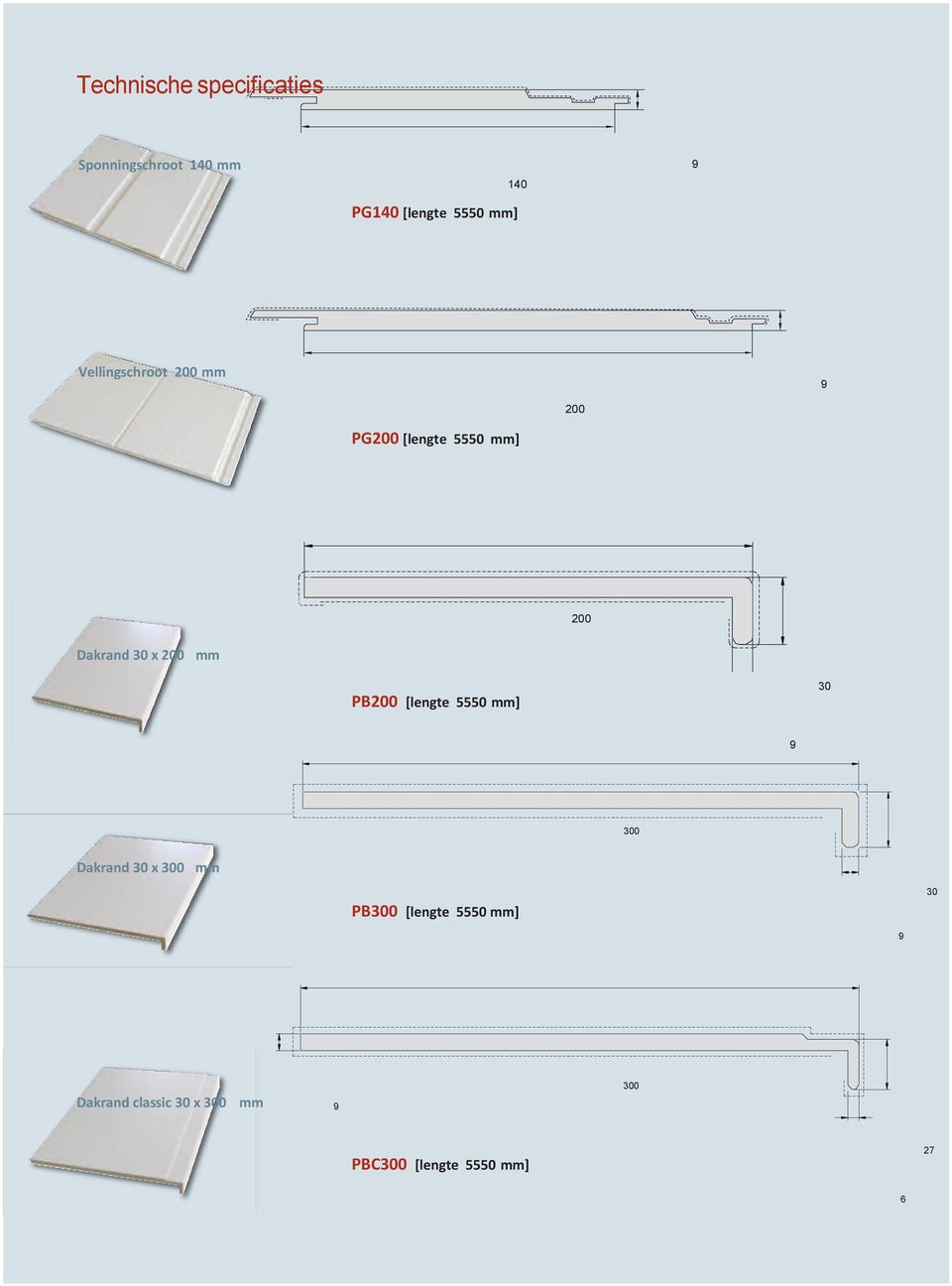 200 mm PB200 [lengte 5550 mm] 30 300 Dakrand 30 x 300 mm PB300