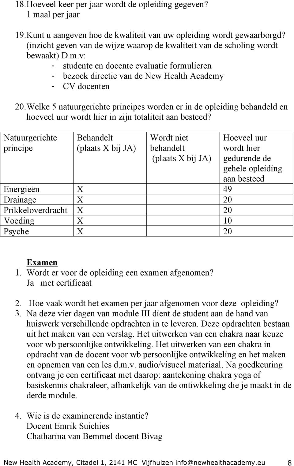 Welke 5 natuurgerichte principes worden er in de opleiding behandeld en hoeveel uur wordt hier in zijn totaliteit aan besteed?