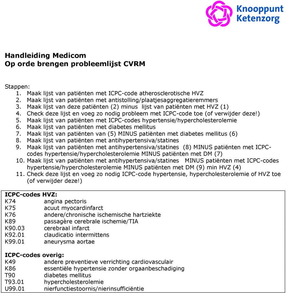 Check deze lijst en voeg zo nodig probleem met ICPC-code toe (of verwijder deze!) 5. Maak lijst van patiënten met ICPC-codes hypertensie/hypercholesterolemie 6.