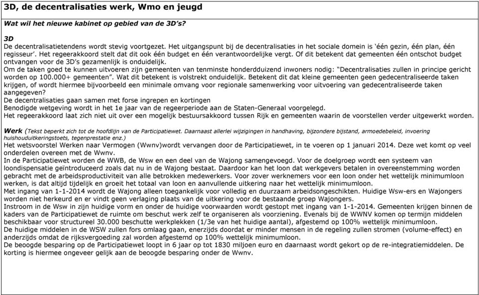 Of dit betekent dat gemeenten één ontschot budget ontvangen voor de 3D s gezamenlijk is onduidelijk.