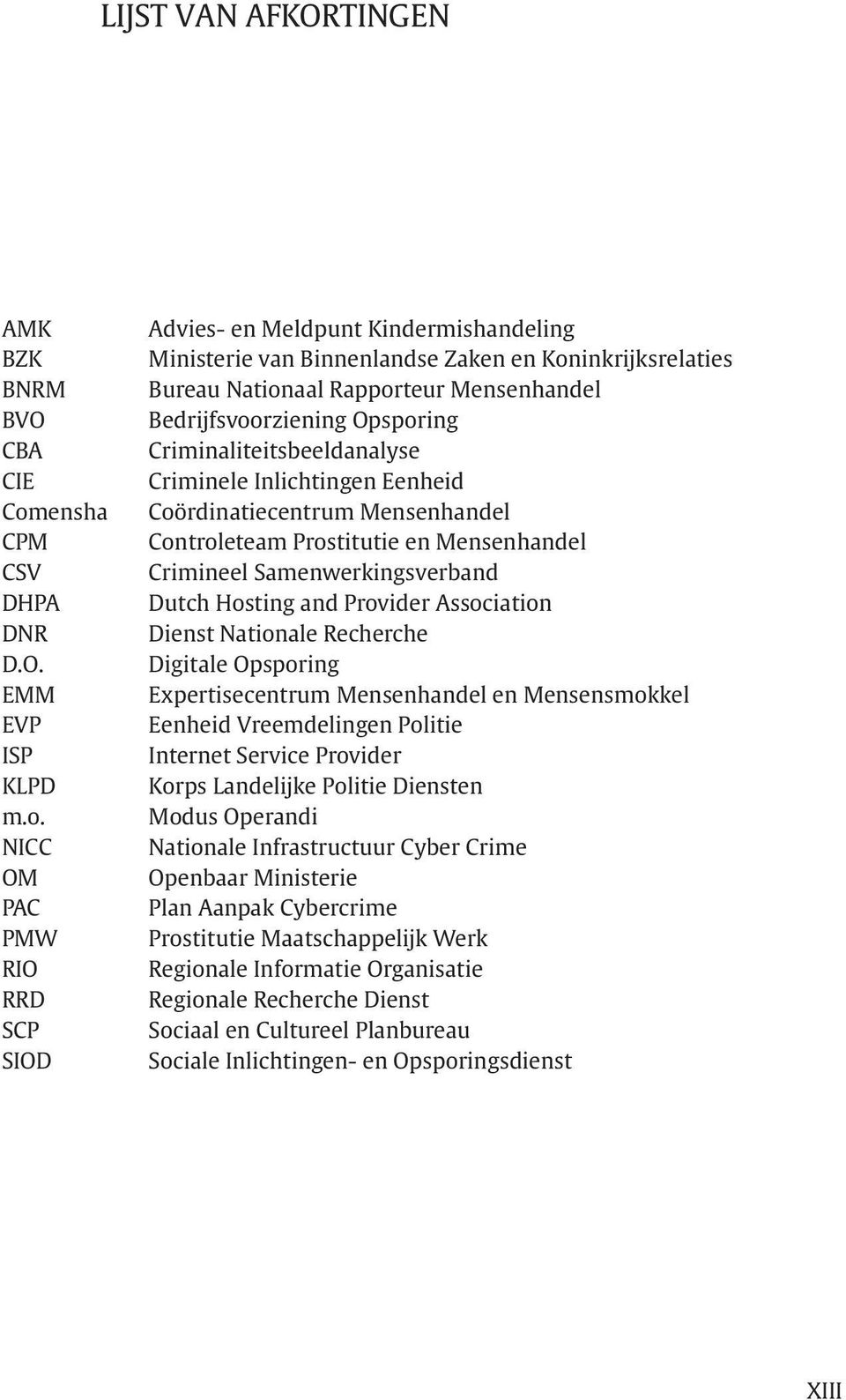 NICC OM PAC PMW RIO RRD SCP SIOD Advies- en Meldpunt Kindermishandeling Ministerie van Binnenlandse Zaken en Koninkrijksrelaties Bureau Nationaal Rapporteur Mensenhandel Bedrijfsvoorziening Opsporing