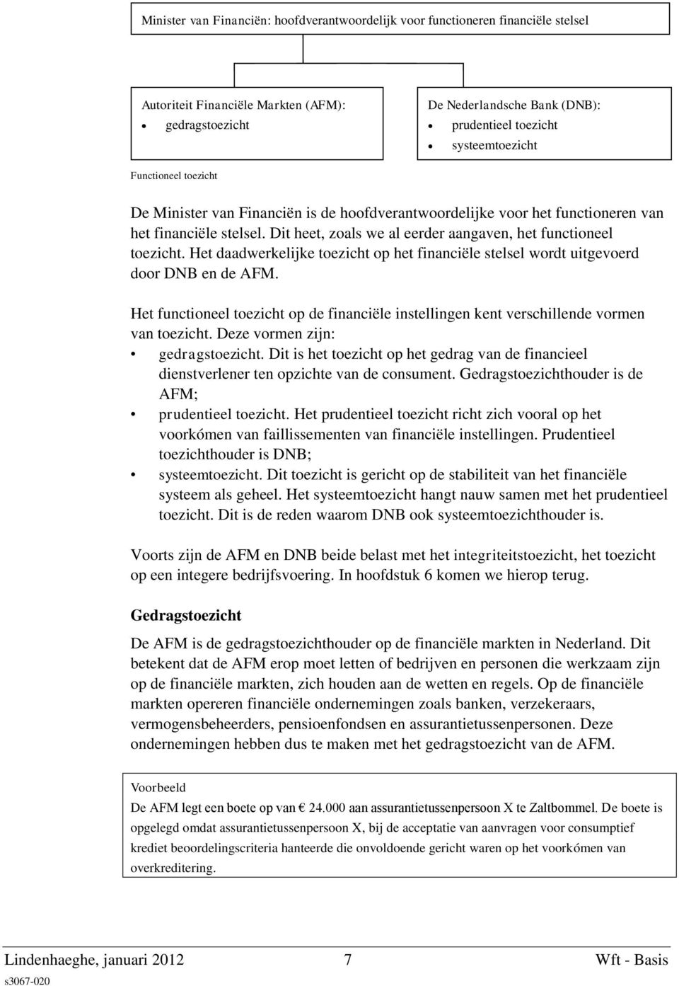 Dit heet, zoals we al eerder aangaven, het functioneel toezicht. Het daadwerkelijke toezicht op het financiële stelsel wordt uitgevoerd door DNB en de AFM.