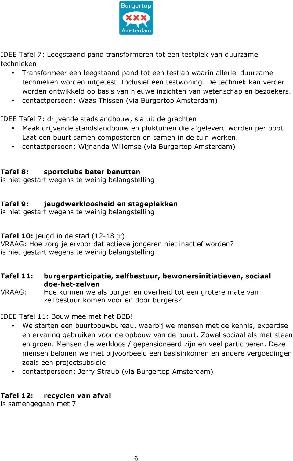 contactpersoon: Waas Thissen (via Burgertop Amsterdam) IDEE Tafel 7: drijvende stadslandbouw, sla uit de grachten Maak drijvende standslandbouw en pluktuinen die afgeleverd worden per boot.