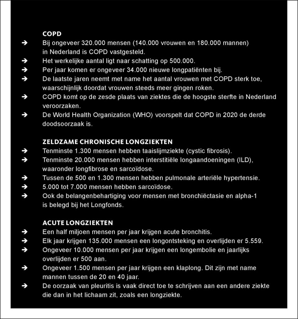 COPD komt op de zesde plaats van ziektes die de hoogste sterfte in Nederland veroorzaken. De World Health Organization (WHO) voorspelt dat COPD in 2020 de derde doodsoorzaak is.