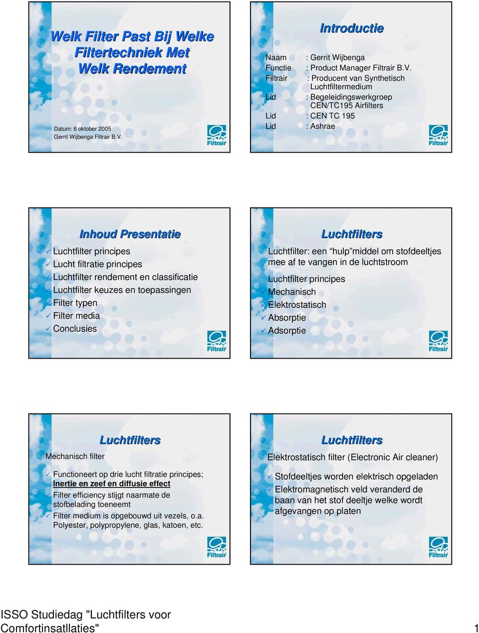 : Producent van Synthetisch Luchtfiltermedium : Begeleidingswerkgroep CEN/TC195 Airfilters Lid : CEN TC 195 Lid : Ashrae Inhoud Presentatie Luchtfilter principes Lucht filtratie principes Luchtfilter