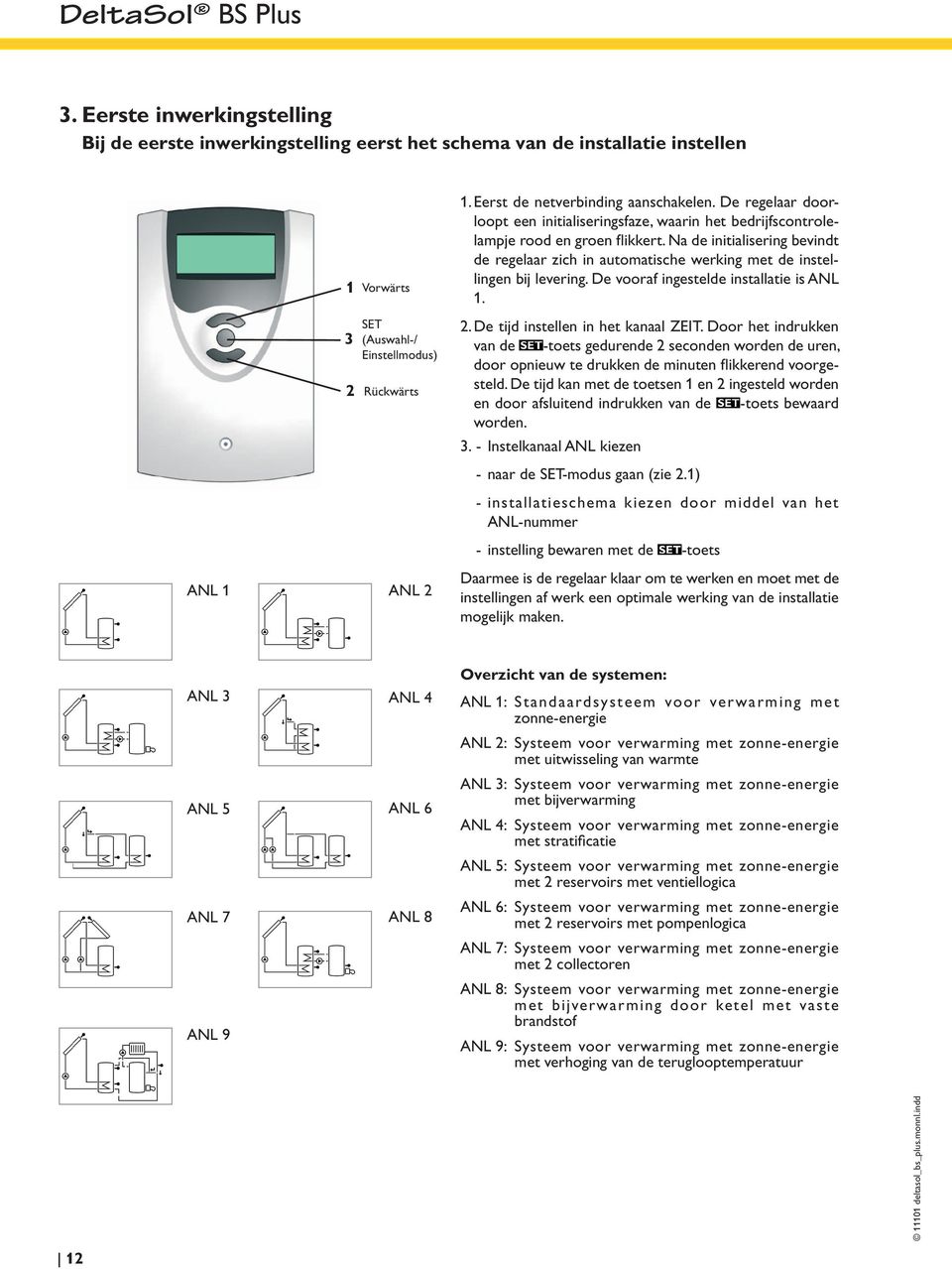 Na de initialisering bevindt de regelaar zich in automatische werking met de instellingen bij levering. De vooraf ingestelde installatie is ANL 1. 2. De tijd instellen in het kanaal ZEIT.