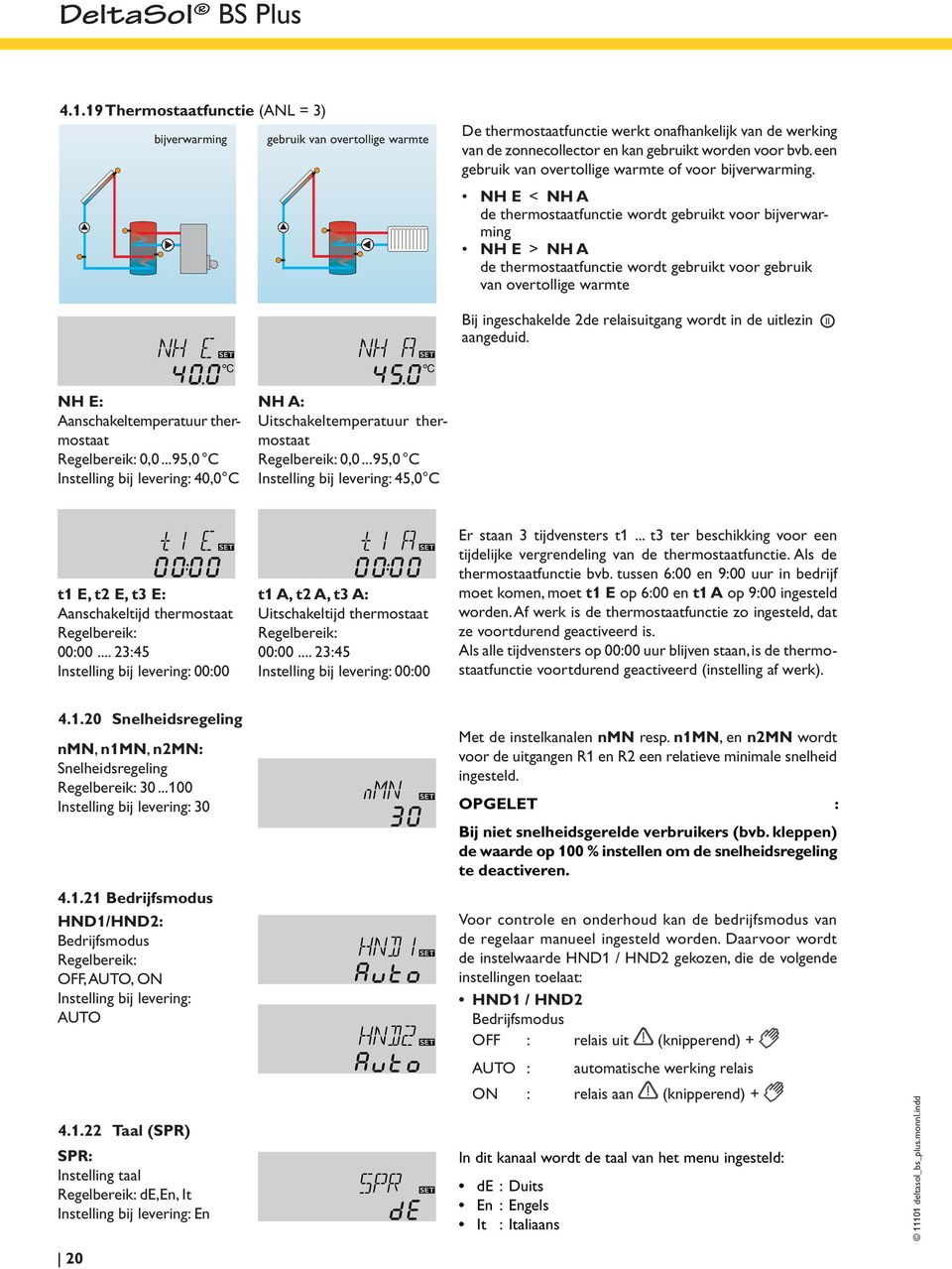 NH E < NH A de thermostaatfunctie wordt gebruikt voor bijverwarming NH E > NH A de thermostaatfunctie wordt gebruikt voor gebruik van overtollige warmte Bij ingeschakelde 2de relaisuitgang wordt in