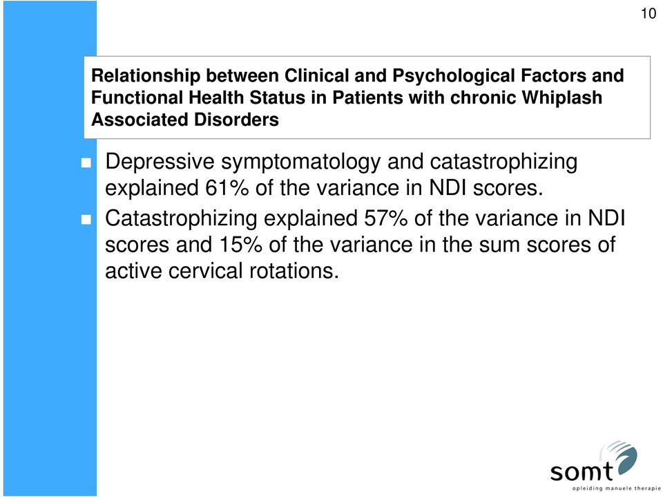 catastrophizing explained 61% of the variance in NDI scores.