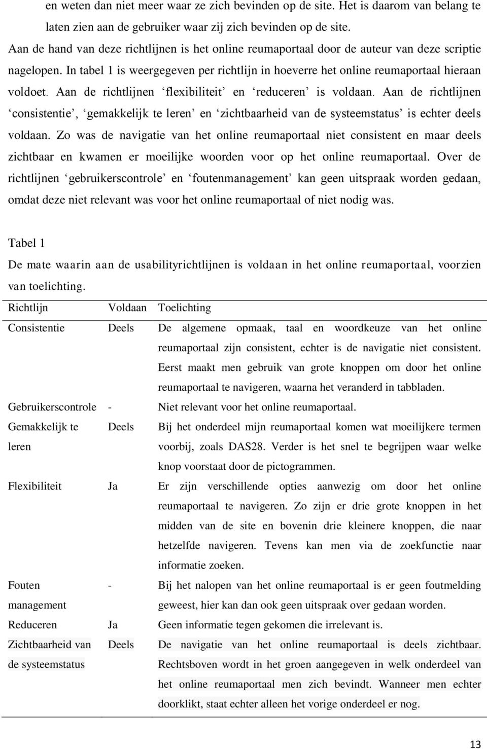 Aan de richtlijnen flexibiliteit en reduceren is voldaan. Aan de richtlijnen consistentie, gemakkelijk te leren en zichtbaarheid van de systeemstatus is echter deels voldaan.