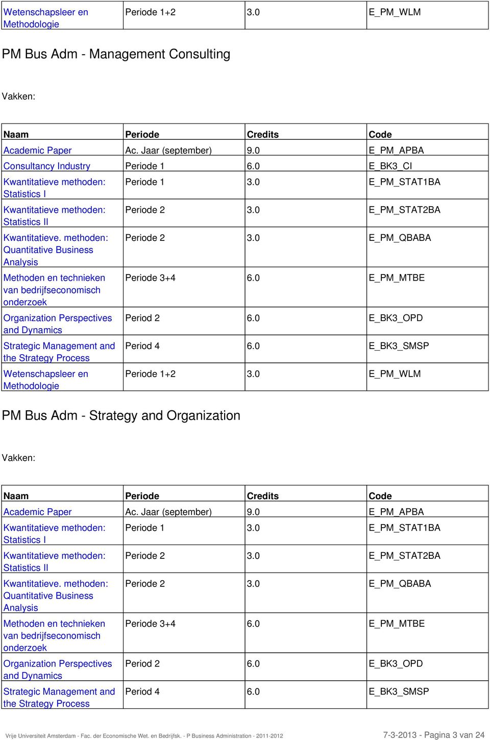 methoden: Quantitative Business Analysis Methoden en technieken van bedrijfseconomisch onderzoek Organization Perspectives and Dynamics Strategic Management and the Strategy Process Wetenschapsleer