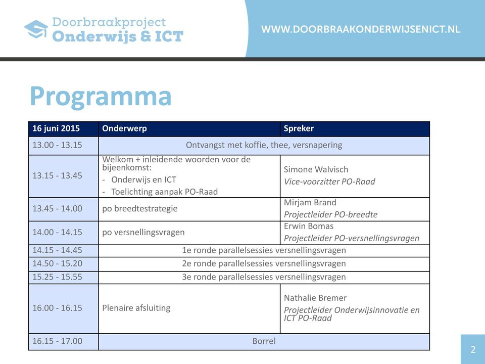 15 po versnellingsvragen Simone Walvisch Vice-voorzitter PO-Raad 14.15-14.45 1e ronde parallelsessies versnellingsvragen 14.50-15.