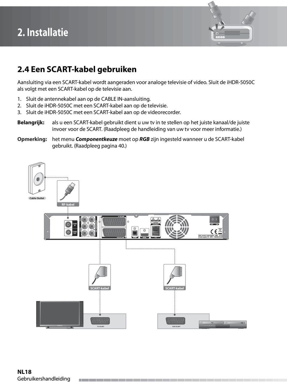 L AUDIO R COMPONENT IN S/PDIF 3. Sluit de ihdr-5050c met een SCART-kabel aan op de videorecorder.