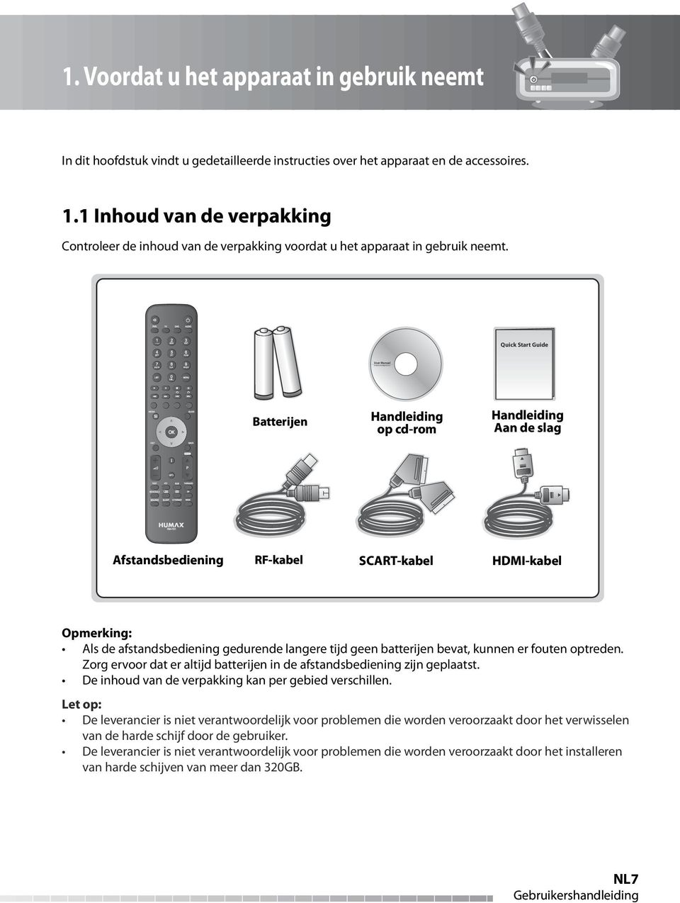 geen batterijen bevat, kunnen er fouten optreden. Zorg ervoor dat er altijd batterijen in de afstandsbediening zijn geplaatst. De inhoud van de verpakking kan per gebied verschillen.