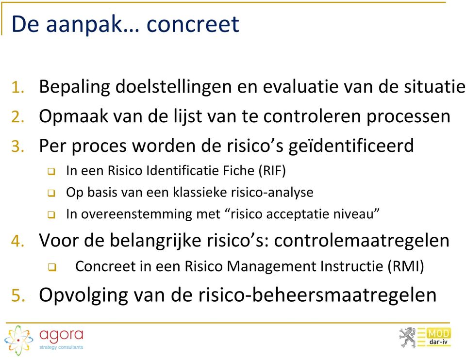 Per proces worden de risico s geïdentificeerd In een Risico Identificatie Fiche (RIF) Op basis van een klassieke