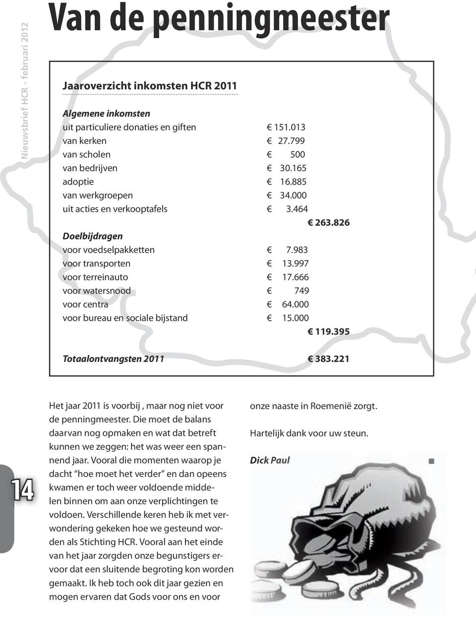 000 voor bureau en sociale bijstand 15.000 119.395 Totaalontvangsten 2011 383.221 14 Het jaar 2011 is voorbij, maar nog niet voor de penningmeester.