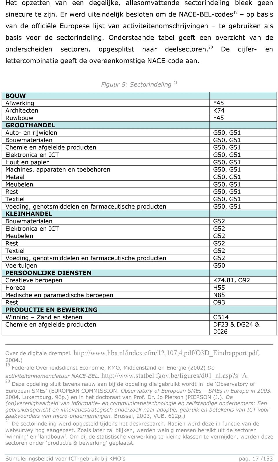 Onderstaande tabel geeft een overzicht van de onderscheiden sectoren, opgesplitst naar deelsectoren. 20 De cijfer- en lettercombinatie geeft de overeenkomstige NACE-code aan.