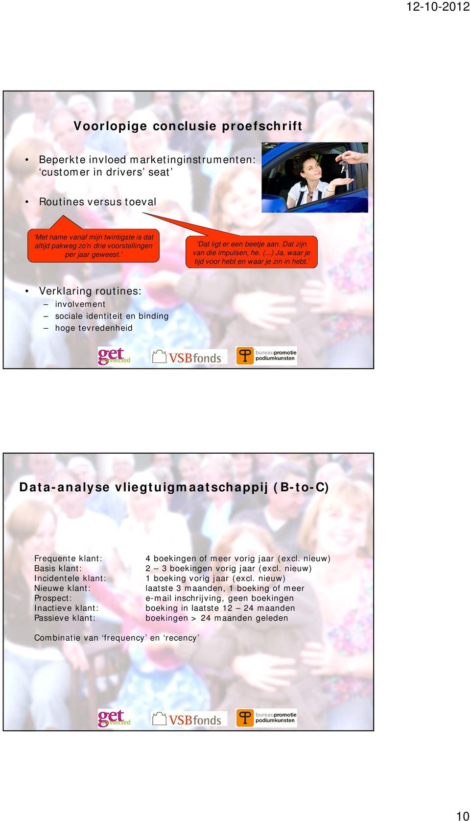 Verklaring routines: involvement sociale identiteit en binding hoge tevredenheid Data-analyse vliegtuigmaatschappij (B-to-C) Frequente klant: Basis klant: Incidentele klant: Nieuwe klant: Prospect: