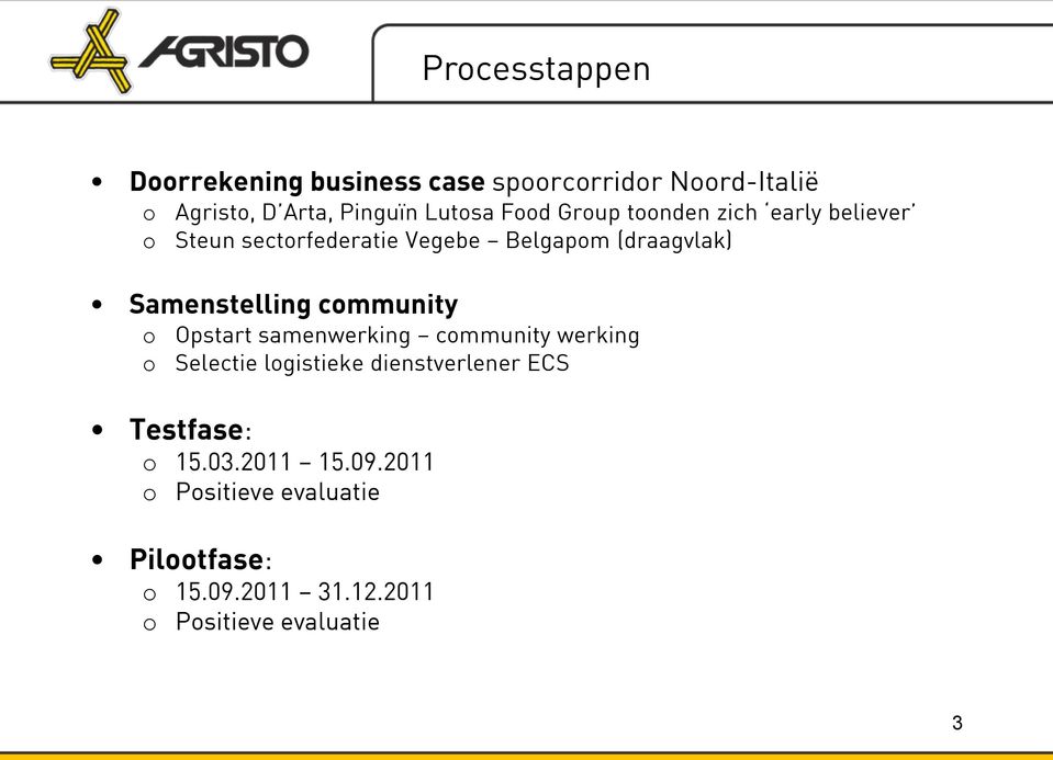 community o o Opstart samenwerking community werking Selectie logistieke dienstverlener ECS Testfase: o