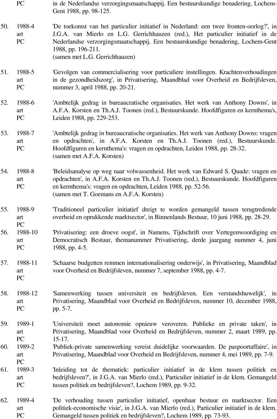 ), Het piculier initiatief in de Nederlandse verzorgingsmaatschappij. Een bestuurskundige benadering, Lochem-Gent 1988, pp. 196-211. (samen met L.G. Gerrichhauzen) 'Gevolgen van commercialisering voor piculiere instellingen.