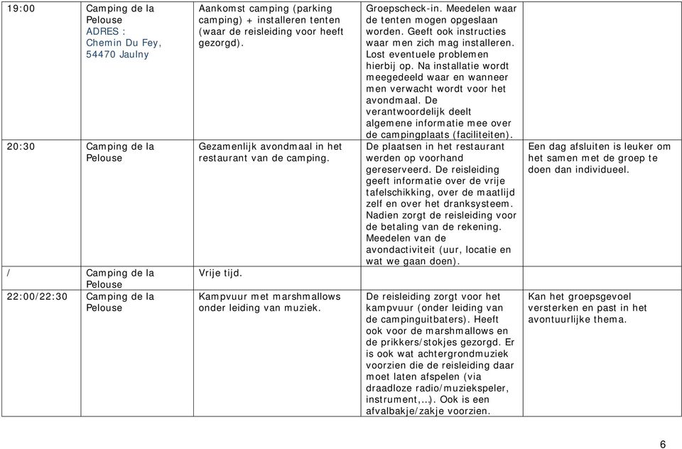 Meedelen waar de tenten mogen opgeslaan worden. Geeft ook instructies waar men zich mag installeren. Lost eventuele problemen hierbij op.