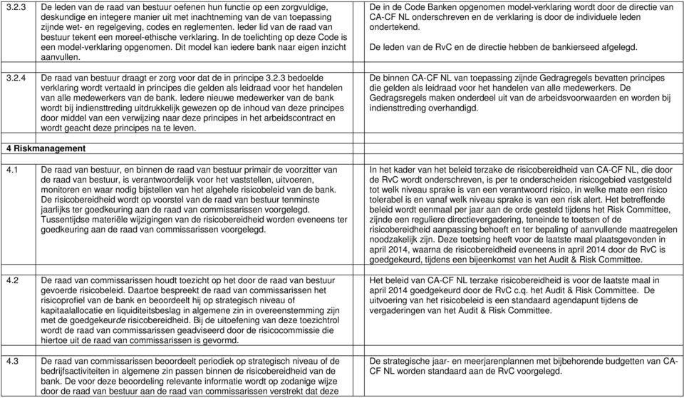 Dit model kan iedere bank naar eigen inzicht aanvullen. 3.2.4 De raad van bestuur draagt er zorg voor dat de in principe 3.2.3 bedoelde verklaring wordt vertaald in principes die gelden als leidraad voor het handelen van alle medewerkers van de bank.