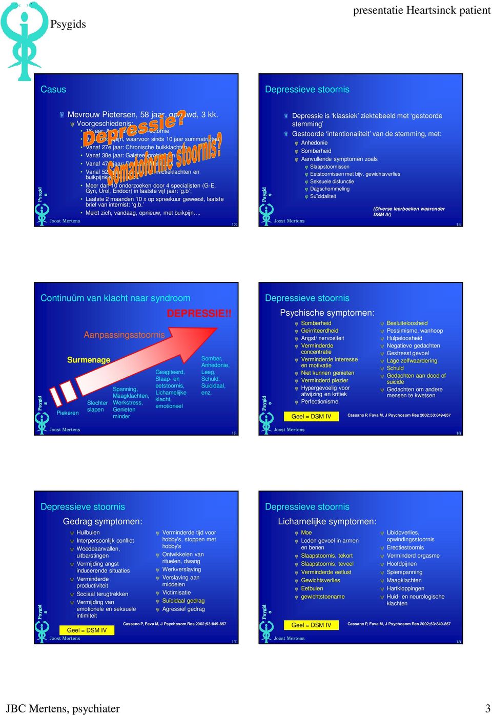 Joost Mertens 17 Geel = DSM IV ψ Huilbuien ψ Interpersoonlijk conflict ψ Woedeaanvallen, uitbarstingen ψ Vermijding angst inducerende situaties ψ Verminderde productiviteit ψ Sociaal terugtrekken ψ