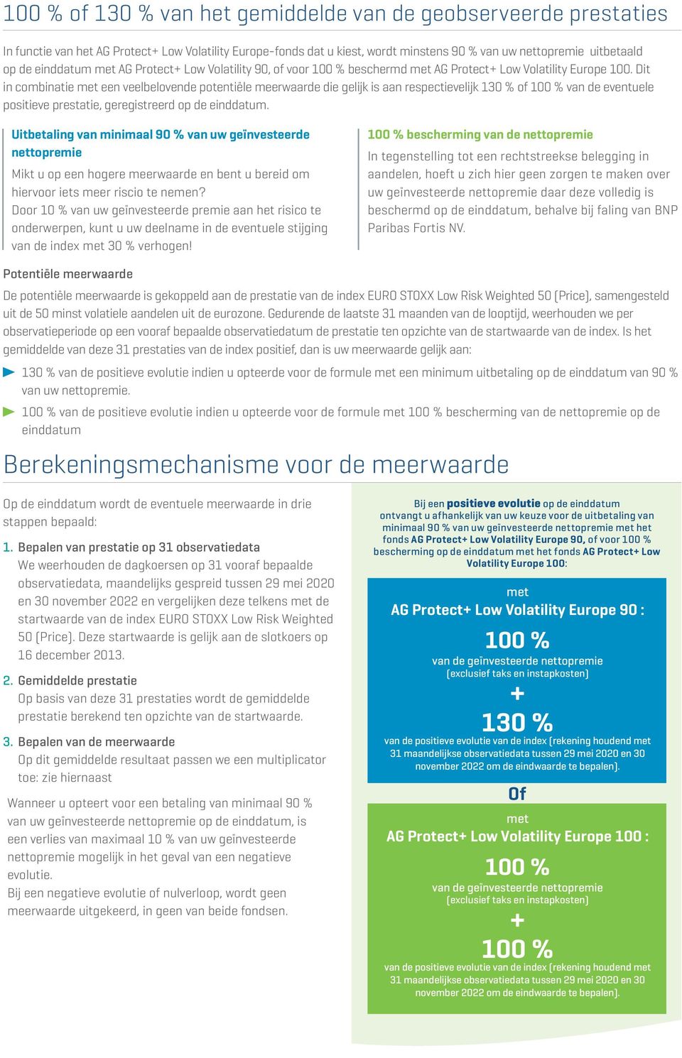 Dit in combinatie met een veelbelovende potentiële meerwaarde die gelijk is aan respectievelijk 130 % of 100 % van de eventuele positieve prestatie, geregistreerd op de einddatum.