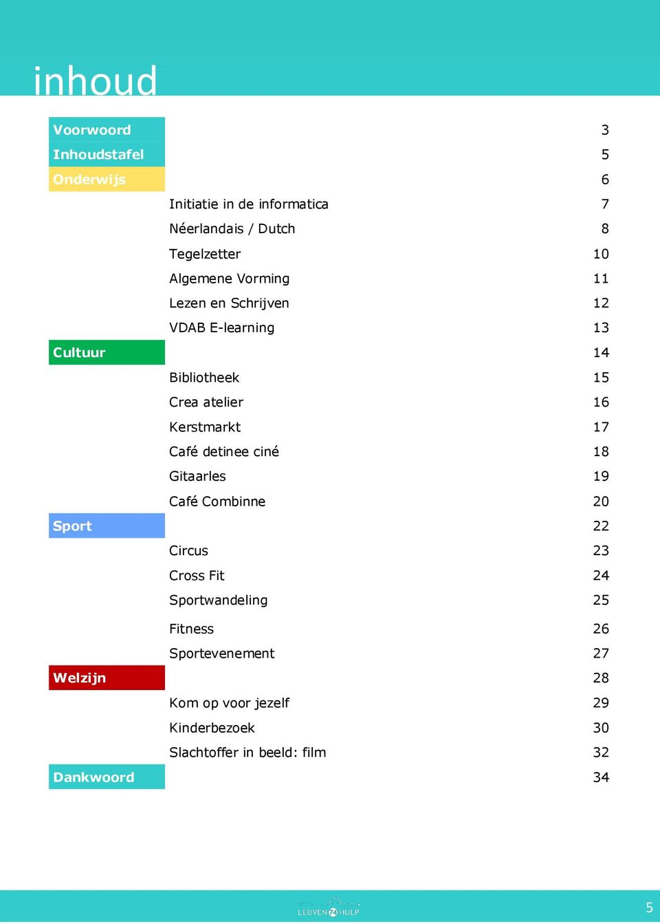 17 Café detinee ciné 18 Gitaarles 19 Café Combinne 20 Sport 22 Circus 23 Cross Fit 24 Sportwandeling 25 Fitness