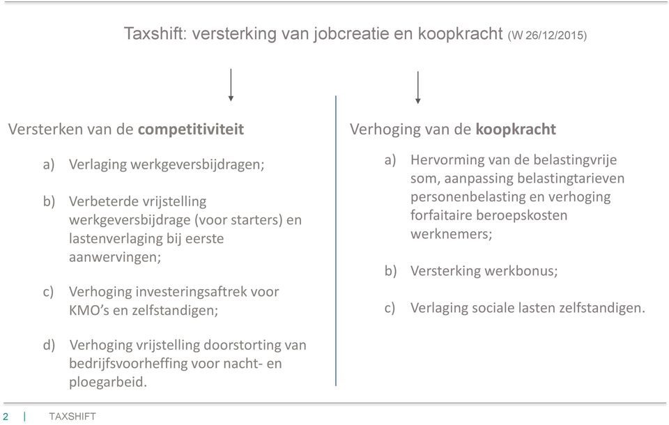 Verhoging van de koopkracht a) Hervorming van de belastingvrije som, aanpassing belastingtarieven personenbelasting en verhoging forfaitaire beroepskosten