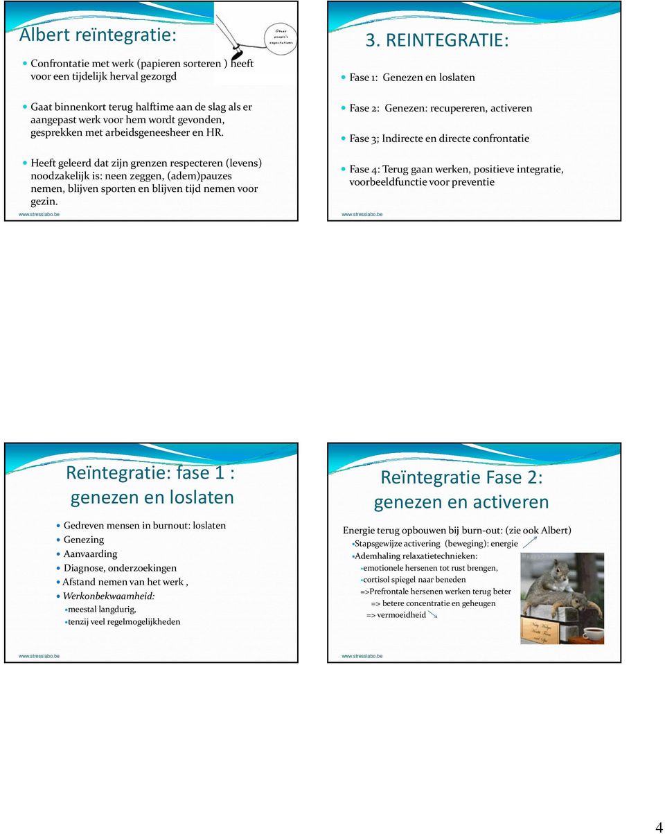 REINTEGRATIE: Fase 1: Genezen en loslaten Fase 2: Genezen: recupereren, activeren Fase 3; Indirecte en directe confrontatie Fase 4: Terug gaan werken, positieve integratie, voorbeeldfunctie voor