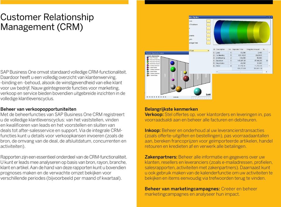 Nauw geïntegreerde functies voor marketing, verkoop en service bieden bovendien uitgebreide inzichten in de volledige klantlevenscyclus.