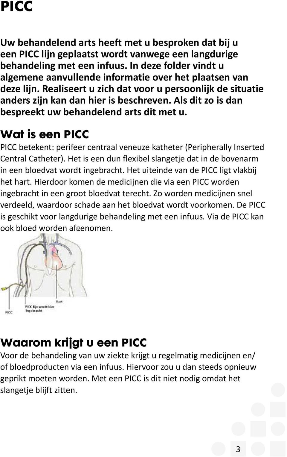 Als dit zo is dan bespreekt uw behandelend arts dit met u. Wat is een PICC PICC betekent: perifeer centraal veneuze katheter (Peripherally Inserted Central Catheter).