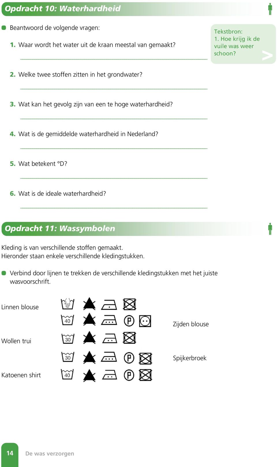 Wat betekent D? 6. Wat is de ideale waterhardheid? Opdracht 11: Wassymbolen Kleding is van verschillende stoffen gemaakt.